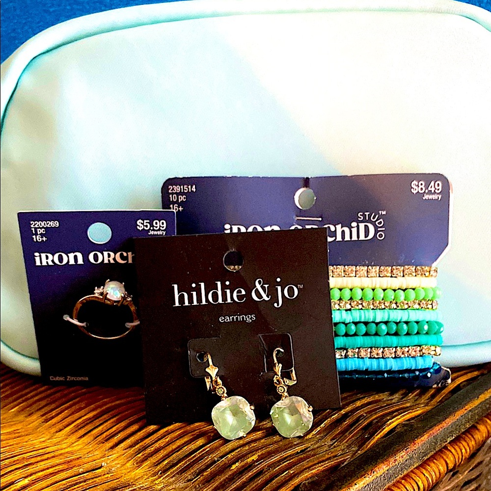 Hildie & Jo Earrings and Iron Orchid Rings with Beaded Bracelets & accessory bag